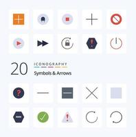 Pacote de ícones de cor plana de setas de 20 símbolos como verificação completa menos proibição de parada vetor