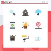 conjunto de cores planas de interface móvel de 9 pictogramas de torre de padaria de xícara download móvel elementos de design de vetores editáveis