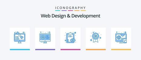 web design e desenvolvimento pacote de ícones azul 5 incluindo design. qualidade. configurações. Garantia da Qualidade. prancheta. design de ícones criativos vetor