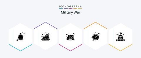 pacote de ícones de 25 glifos de guerra militar, incluindo acampamento. Navegação GPS. ambulância. otimização de tempo. militares vetor