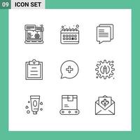 conjunto de contornos de interface móvel de 9 pictogramas de mais bate-papo adicionar elementos de design de vetor editável de tarefa