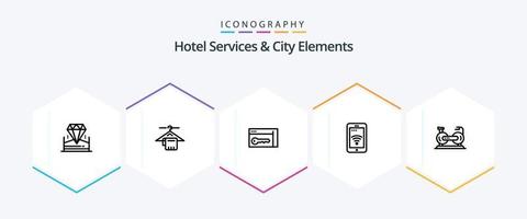 serviços de hotel e elementos da cidade pacote de ícones de 25 linhas, incluindo ciclo. Wi-fi. navegador. serviço. móvel vetor