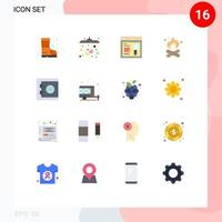conjunto de cores planas de interface móvel de 16 pictogramas de pacote editável de fogo de natureza de pesquisa de banco seguro de elementos de design de vetores criativos