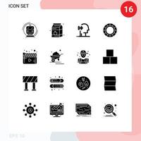 16 glifos sólidos vetoriais temáticos e símbolos editáveis de soluções criativas de leite de processo de filme elementos de design vetorial editáveis vetor