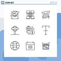 pacote de esboço de 9 símbolos universais de elementos de design de vetores editáveis de placa de moeda de troca de dinheiro