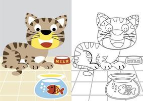 desenho vetorial de gato com peixe em potes, livro para colorir ou página vetor