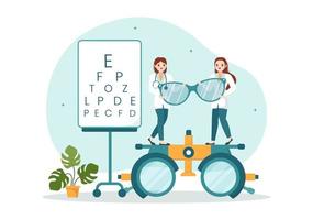 optometrista com oftalmologista verifica a visão do paciente, teste de visão óptica e tecnologia de óculos na ilustração de modelos desenhados à mão de desenhos animados planos vetor