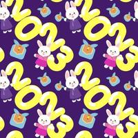 2023 gyemyo ano personagem de coelho de ano novo. um padrão de rostos de coelho, os números 2023, presentes em um fundo rosa. fundo colorido de ano novo brilhante para impressão em têxteis e papel. vetor