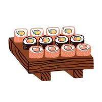 conjunto de sushi em uma placa de madeira. comida tradicional. ilustração vetorial desenhada à mão em estilo simples vetor
