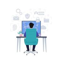 um homem se senta em um computador, vista de trás, trabalha nos monitores, atividades analíticas. segurança cibernética, comerciante, conceito. vetor
