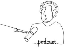 homem de podcast de desenho de linha contínua. jovem homem como apresentador ou podcast convidado fala em um microfone. vetor