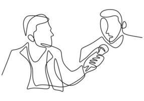 um desenho de linha contínua de um homem segurando um microfone na mão e fazendo uma pergunta a outro homem vetor