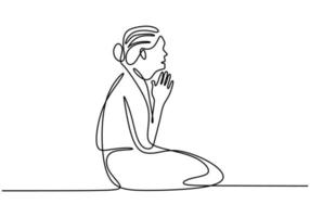mulher sentada no chão e as mãos postas juntas, como se ela estivesse rezando um desenho de linha contínua isolado no fundo branco. mãos postas em conceito de oração pela fé. ilustração vetorial