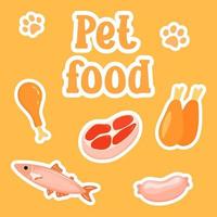 conjunto de alimentos para animais de estimação. ingredientes variados. ícones de comida. Adesivos fofos para pet shop. vitaminas para animais domésticos. vetor