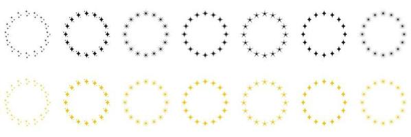estrelas no conjunto de ícones de silhueta de forma de círculo. quadro de prêmio redondo moderno com pictograma de estrelas pretas e douradas. ícone circular do ornamento da decoração no fundo branco. ilustração vetorial isolada. vetor