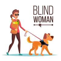 vetor de mulher cega. pessoa com companheiro de cachorro de estimação. mulher cega de óculos escuros e cão-guia passeando. ilustração de personagem de desenho animado isolado