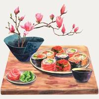 ilustração em aquarela de sushi em um prato, gengibre e wasabi, molho de soja e raminhos de magnólia em um vaso de cerâmica japonesa em uma placa de madeira, um conjunto de objetos isolados em um fundo branco vetor