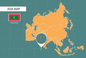 mapa das maldivas na versão zoom da ásia, ícones mostrando a localização e as bandeiras das maldivas. vetor