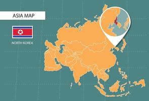 mapa da coreia do norte na versão zoom da ásia, ícones mostrando a localização da coreia do norte e bandeiras.