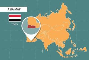 Mapa do Iêmen na versão de zoom da Ásia, ícones mostrando a localização do Iêmen e bandeiras. vetor