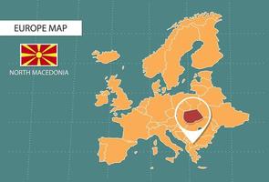 Mapa da macedônia do norte na versão de zoom da europa, ícones mostrando a localização da macedônia do norte e bandeiras. vetor