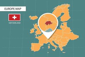 mapa da suíça na versão de zoom da europa, ícones mostrando a localização da suíça e bandeiras. vetor