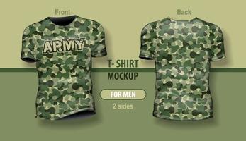 t-shirt para homem frente e costas com padrão de camuflagem militar. mock-up para impressão frente e verso, em camadas e editável. vetor