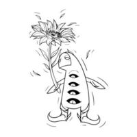 legal e artístico doodle girassol assecla alienígena monstro desenhado à mão. Preto e branco. perfeito para seus elementos de design doodle, murais, livros para colorir e outros. vetor