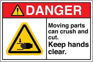 sinal de segurança etiqueta símbolo pictograma perigo peças móveis podem esmagar e cortar mantenha as mãos afastadas vetor
