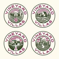 paisagem de vinhedo com emblema de logotipo de casas. campos de uvas de fazenda com ilustrações vetoriais de casas vetor