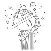 rosto de mulher surreal e planeta com estrelas no espaço universo. desenho de linha, ilustração vetorial de arte abstrata minamal. conceito eco. recursos do planeta. mulher natureza. tatuagem de astrologia, pôster, logotipo, design de emblema vetor