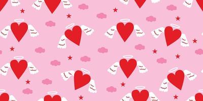 lindo padrão rosa. coração com uma ilustração dos desenhos animados de asas. coração voar com asas de anjo no estilo doodle. coração bonito para decorar o cartão de casamento para dia dos namorados, conceito de amor. vetor