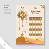modelo de calendário do ramadã de padrão islâmico. Modelo de cronograma iftar de design exclusivo. vetor