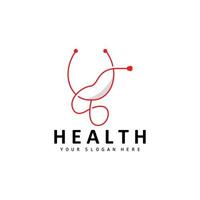 logotipo de saúde, design de enfermagem e bem-estar, ícone de estetoscópio e onda vetorial de linha simples vetor