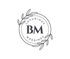 bm letras iniciais modelo de logotipos de monograma de casamento, modelos modernos minimalistas e florais desenhados à mão para cartões de convite, salve a data, identidade elegante. vetor