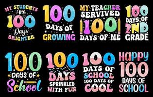 Pacote de camisetas de 100 dias de escola, conjunto de design de camisetas de cem dias, camisetas de comemoração de 100 dias, pacote de camisetas coloridas para crianças vetor