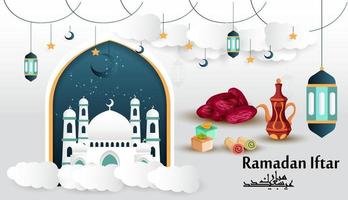design de cartão de saudação ramadan kareem com caligrafia islâmica de arte mandala, pôster islâmico do ramadã 'fundo do ramadan kareem com belas lanternas mesquita mineiro e bandeira árabe islâmica. vetor