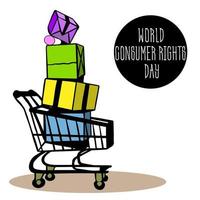 dia mundial de defesa do consumidor. carrinho sobre rodas, cesta de compras com caixas de presente empilhadas. sacos de venda de compras e necessidades dos consumidores. comprar online vetor