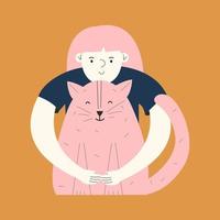 uma garotinha estilizada abraça um gato com as mãos. o conceito de animal de apoio emocional. elemento de decoração de design. ilustração vetorial desenhada à mão vetor