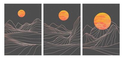 conjunto de impressão de arte de linha moderna minimalista criativa. paisagens de origens estéticas contemporâneas de montanhas abstratas. com montanha, floresta, mar, lua. ilustrações vetoriais