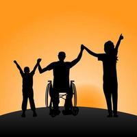 silhueta de um homem com deficiência em uma cadeira de rodas com os braços levantados ao lado de uma criança e uma mulher ao pôr do sol. conceito de família feliz vetor