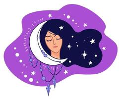 mulher sonolenta com lua crescente e estrelas brilhantes vetor