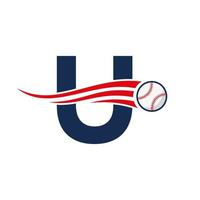 conceito de logotipo de beisebol de letra inicial u com modelo de vetor de ícone de beisebol em movimento