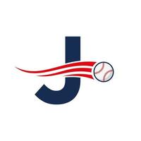 conceito de logotipo de beisebol de letra inicial j com modelo de vetor de ícone de beisebol em movimento