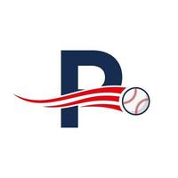 conceito de logotipo de beisebol de letra inicial p com modelo de vetor de ícone de beisebol em movimento
