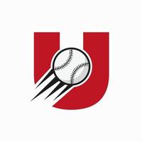 conceito de logotipo de beisebol de letra inicial u com modelo de vetor de ícone de beisebol em movimento