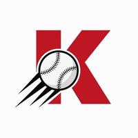 conceito de logotipo de beisebol de letra inicial k com modelo de vetor de ícone de beisebol em movimento
