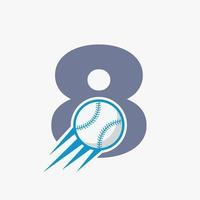 conceito de logotipo de beisebol de letra inicial 8 com modelo de vetor de ícone de beisebol em movimento