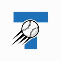 conceito de logotipo de beisebol de letra inicial t com modelo de vetor de ícone de beisebol em movimento