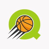 letra inicial q conceito de logotipo de basquete com ícone de basquete em movimento. modelo de vetor de símbolo de logotipo de bola de basquete